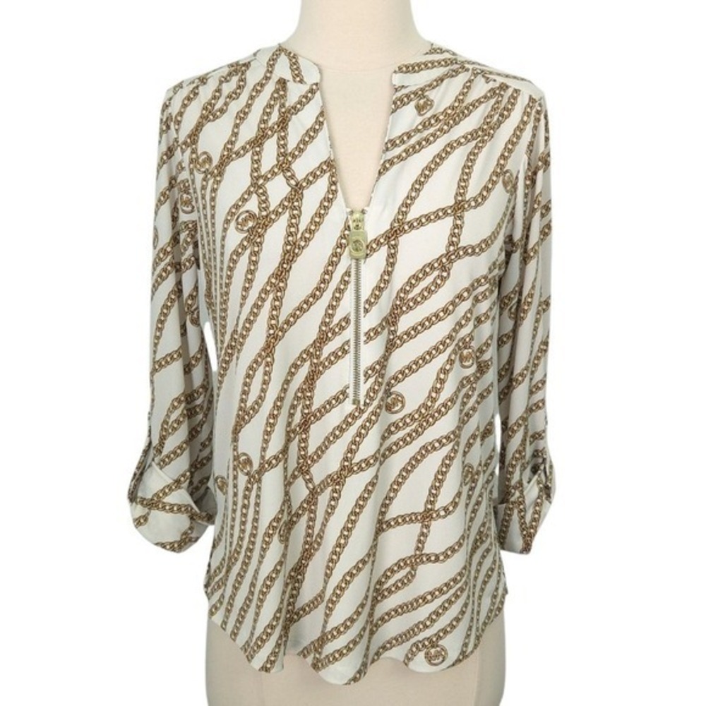 Michael Kors White & Gold Chain Roll-Tab 3/4 Sleeve Top- Small‎